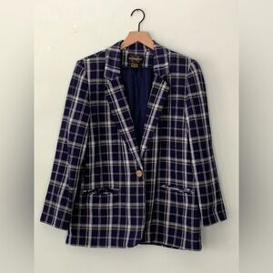 Vintage Requirements Plaid Navy Blazer Linen Blend Jacket Size 12 Traditional